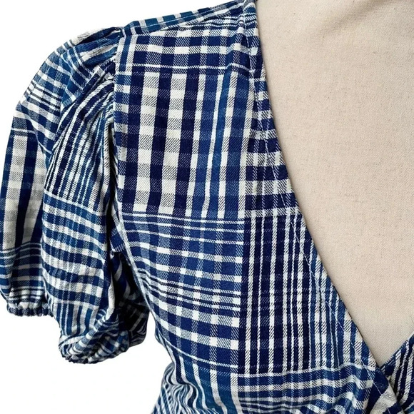 J.Crew Puff Sleeve Wrap Top Indigo Plaid Patchwork Cotton Blouse Size XS - Picture 8 of 15
